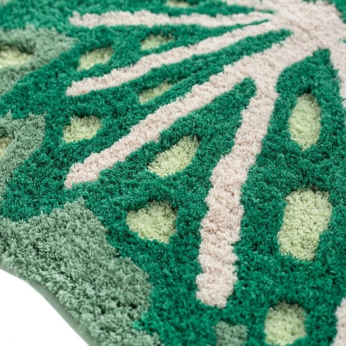 Begonia Non Slip Bath Mat or Kitchen Tufted Rug, Plant Leaf Shaped Kids Pets Floor Mat Carpet, Green, 45.3" x 16.3"