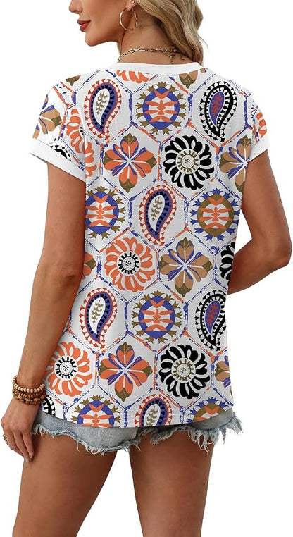 WIHOLL Womens Summer Tops 2026 Cap Short Sleeve Shirs V Neck T Shirts Fashion Beach Vacation Clothes Color Block