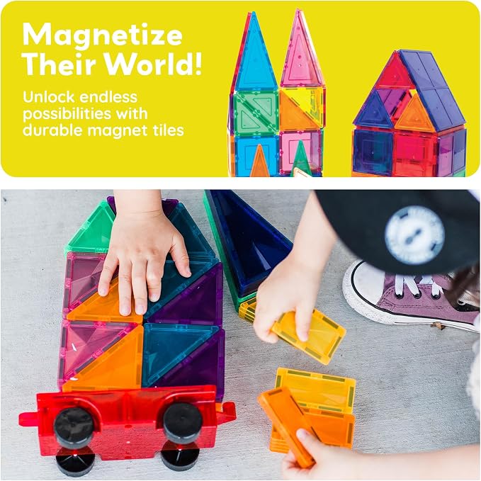 PicassoTiles 2 Piece Car Truck Construction Kit Toy Set Vehicle for Magnetic Blocks Building Tile Sensory Magnet Toys with Re-Enforced Hitch & Long Bed Educational Puzzle Girls Boys Toddlers Ages 3+