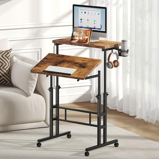 DUMOS Rolling Standing Desk, Sit Stand Desk, Computer Cart | 23.6 Inch Width, Height Adjustable, Split Top, Mobile Laptop Workstation, Office Table, Portable Design, Rustic Brown