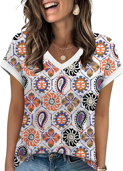 WIHOLL Womens Summer Tops 2026 Cap Short Sleeve Shirs V Neck T Shirts Fashion Beach Vacation Clothes Color Block
