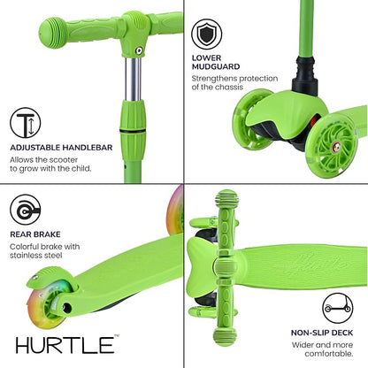Hurtle Mini Kickboard 3 Wheel Scooter for Kids Ages 2-5 - Lean-to-Steer Toddler Scooter with Light-up LED Wheels, Adjustable Height & Rear Foot Brake for Boys. & Girls, Anti-Slip, Indoor/Outdoor
