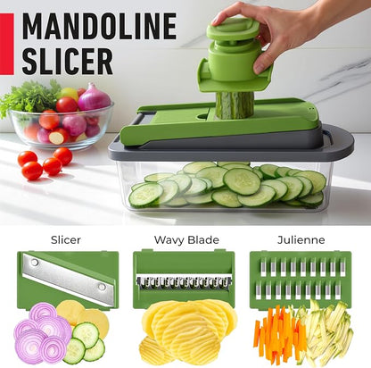 MUELLER HOME Pro-Series 10-in-1 Vegetable Chopper with Container, 8 Blade | Fruit Cutter, Dicer, Tomato Slicer, French Fry Cutter Potato Slicer, Salad Chopper, Gray/Green