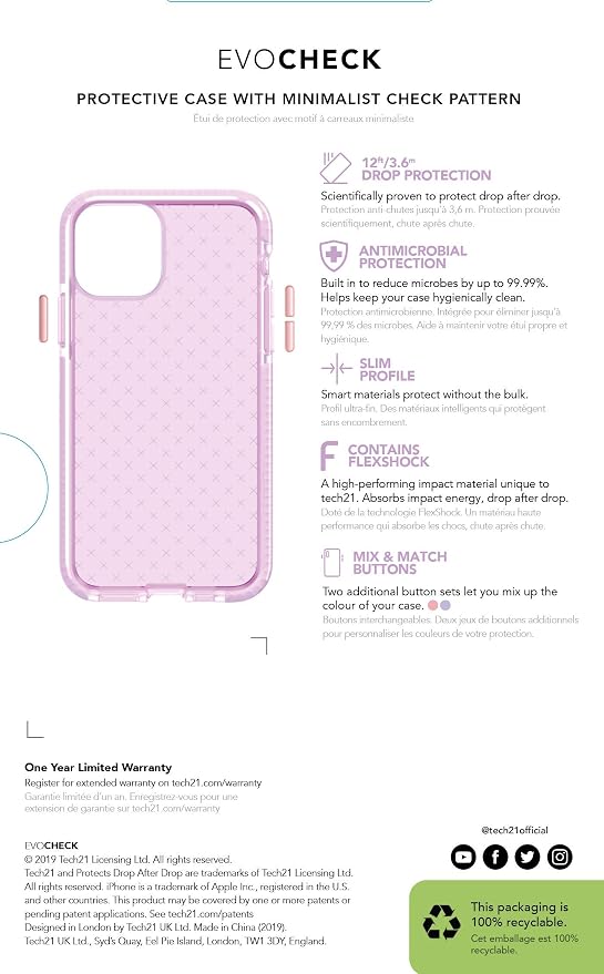 tech21 Evo Check for Apple iPhone 11 - Germ Fighting Antimicrobial Phone Case with 12 ft. Drop Protection