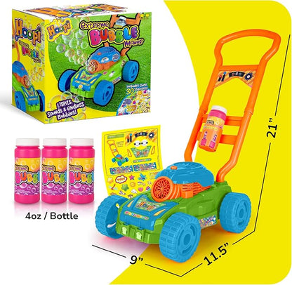 Hoopi Extreme Bubble Lawn Mower for Toddlers 1-3, Spill-Proof Kids Bubble Machine with Lights for 2-Year-Old Boy Birthday Gift, Bubbles Blowing Push Toddler Outdoor Toys for Ages 2-4 with 3 Bottles