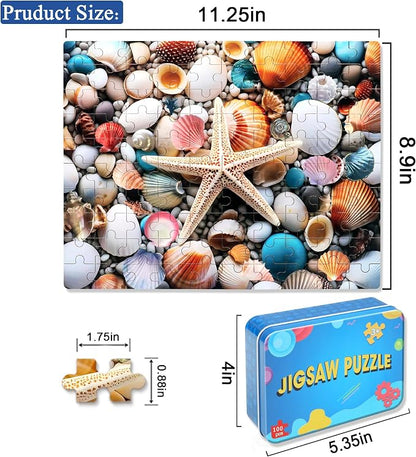 LELEMON Beach Shells Puzzles for Kids Ages 4-8,100 Pieces Colorful Beach Shell Jigsaw Puzzles in a Metal Box,Cute Shells Cobblestones Learning Educational Puzzles for Boys Girls