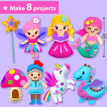 KRAFUN Easy Sew Fairy Tales Sewing Kit for Kids Beginners, Make 8 DIY Felt Plush Toys with Pre-Punched Holes, Arts & Crafts for Girls Ages 5-10