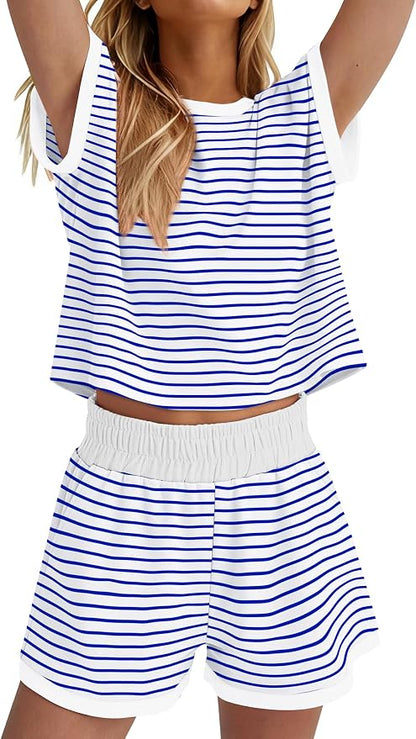 WIHOLL Two Piece Sets for Women Summer Lounge Short Sets Cap Sleeve Crew Neck Sweatsuit with Pocket XS-2XL