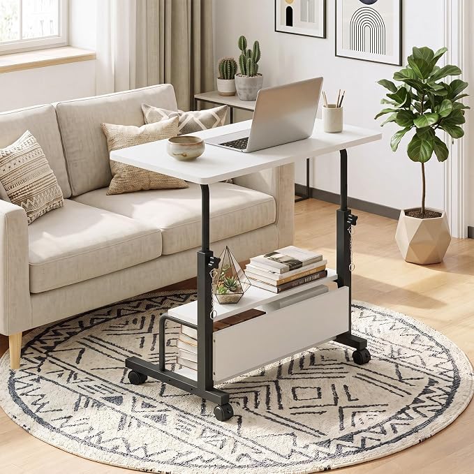 OLIXIS Rolling Desk, Storage Shelves, Laptop Table, Home Office | Height Adjustable Design, Computer Desks on Wheels, Portable for Small Spaces Use, White