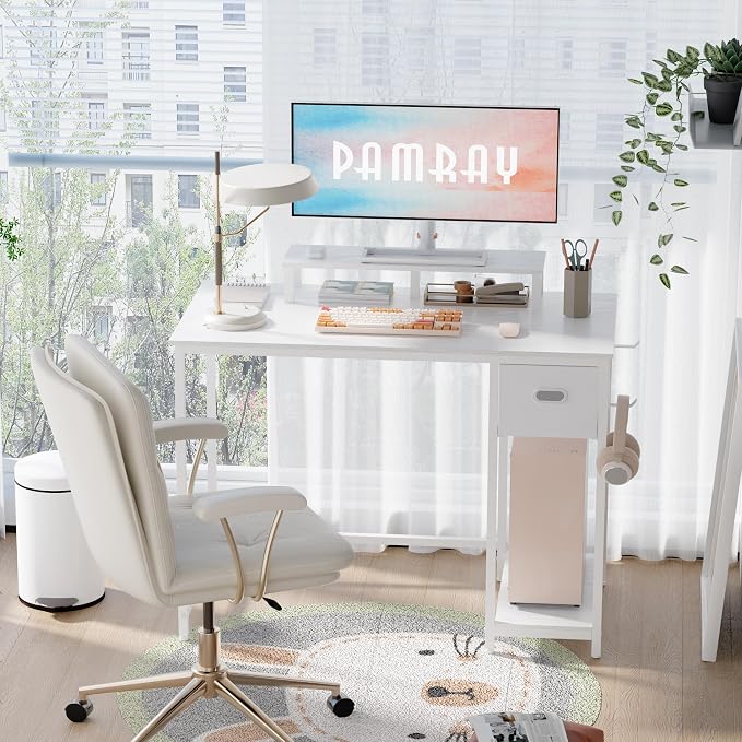Pamray 39 Inch Small Computer Desk with Monitor Stand and Drawer for Gaming | Small Gaming Desk, for Bedroom Small Spaces, Home Office, Dorm and Apartment, for Writing, Study and Working