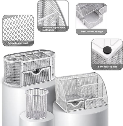 17 in1 Silvery Desk Organizers and Accessories Set, 3 Office Desk Supplies Storage Organization, 4 Pens, Stapler, Staples & Remover, Tape & Dispenser, Scissors, Ruler, Clips, Hole Punch Back to School