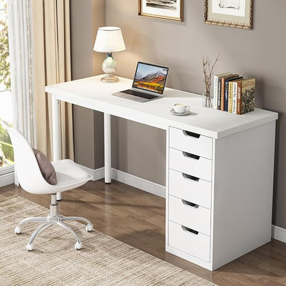 Tribesigns Computer Desk with 5 Drawers, 47 inches Rustic Brown Home Office Desk with Storage, Modern Simple Laptop Desk Study Writing Table for Small Spaces (1, White)
