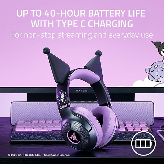 Razer Kraken Kitty V2 BT Wireless RGB Headset, Kuromi Edition | Chroma RGB Kitty Ears & Earcups, Bluetooth 5.2, 40 mm Drivers, Noise-cancelling Mics, Lightweight, USB-C, 40 Hr Battery
