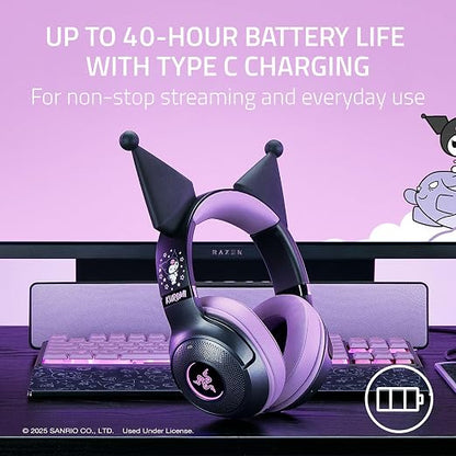 Razer Kraken Kitty V2 BT Wireless RGB Headset, Kuromi Edition | Chroma RGB Kitty Ears & Earcups, Bluetooth 5.2, 40 mm Drivers, Noise-cancelling Mics, Lightweight, USB-C, 40 Hr Battery