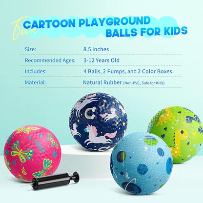 ZOOJOY Pack of 4 Cartoon Playground Balls, 8.5" Rubber Bouncy Kickball Set, Indoor & Outdoor Dodgeball Kickball Balls for Toddler 3-12, School Games Toys for Boys and Girls with Pumps and Boxes