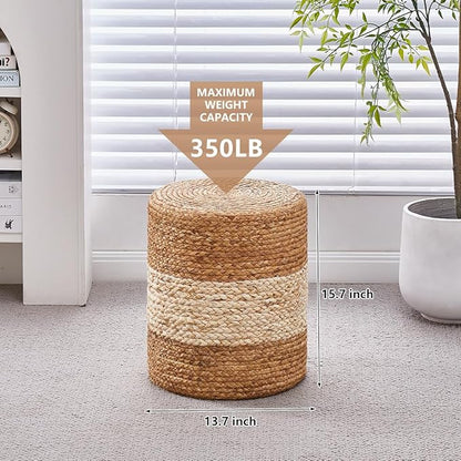 Wimarsbon Foot Stool Ottoman Round Natural Seagrass Footrest Stool Hand-Woven Boho Pouf Ottomans Home Decor Footstool Extra Seating for Living Room Bedroom Entryway White