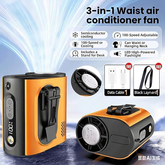 Portable Wearable Waist Iec Fan,with Semiconductor Ice Cooler,10000mAh Rechargeable Clip On Belt Cooling Fan, 100-Speed/16000RPM Personal Body Fans,25H Work Time for Camping, Outdoor, Jobsite（Orange）