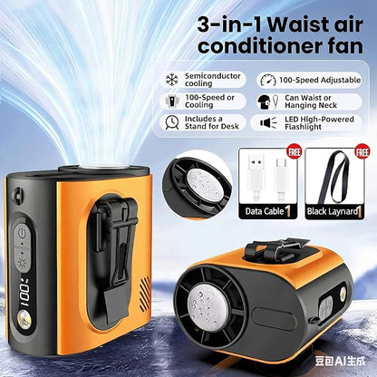 Portable Wearable Waist Iec Fan,with Semiconductor Ice Cooler,10000mAh Rechargeable Clip On Belt Cooling Fan, 100-Speed/16000RPM Personal Body Fans,25H Work Time for Camping, Outdoor, Jobsite（Orange）