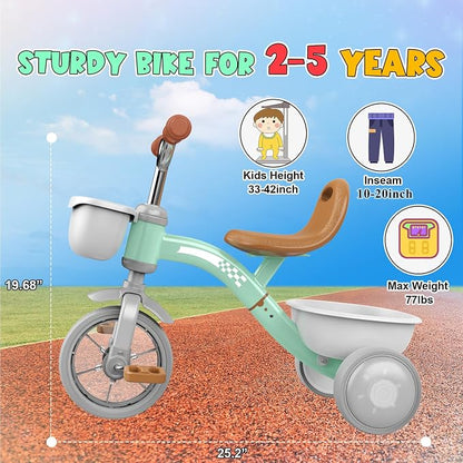 Kkdi Toddler Tricycle for 1-3 3-5 Year Olds, 2 3 4 5 Year Old Girl Boy Birthday Gifts, Toddler Baby Bike, 4-Level Adjustable Seat, 3 Color Light Wheels, 2 Baskets, Outdoor Riding Toys for Ages 2-4