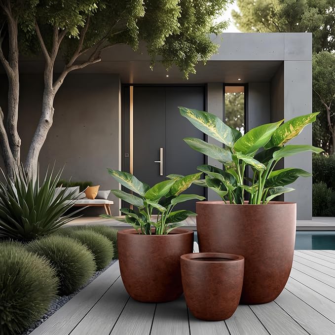 Kante 18",14",10" Dia Concrete Round Planters (Set of 3), Outdoor Indoor Large Planter Pots with Drainage Hole and Rubber Plug for Home Patio Garden, Rusty