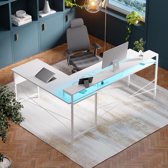 Pamray 64 Inch L Shaped Gaming Desk with Monitor Stand and Power Outlets | Large Corner Computer Desk With Pegboard & Led Lights USB Charging Ports for Home Office Study and Writing Bedroom and Dorms