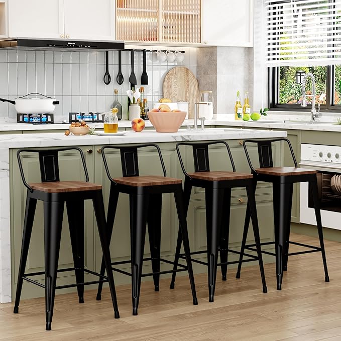 WENTMENT Metal Bar Stools Set of 4 Counter Height Barstools with Removable Back 24" Kitchen Bar Stools with Wooden Seat, Black