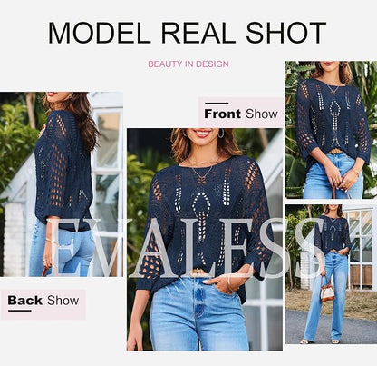 EVALESS Womens Crochet Hollow Out Knit Tops Half Sleeve Spring Summer Sweaters Beach Cover Ups for Women Trendy 2026