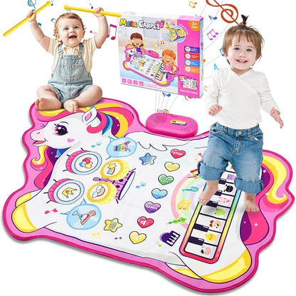 Cyiecw 3-in-1 Unicorn Musical Mat, Piano Drum Play Mat Unicorn Gifts for 1 2 3 Year Old Girls, Sensory Early Educational Musical Learning Toys for Baby Boys, Birthday Gift for Toddlers 1-5 Years Old
