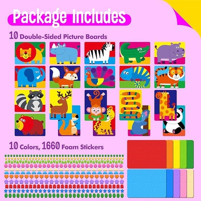 SpriteGru Foam Sticker Art Activity, 20 Wild Animal Art Boards with 1660 Foam Stickers in 10 Colors, Funny DIY Activity Creative Craft Kits Travel Game for Kids, Boys & Girls