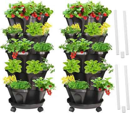 Strawberry Vertical Planters 2 Pack, 5 Tiered Stacking Tower Garden with Support Pole, Stackable Herb Vegetable Planters Indoor Outdoor Black