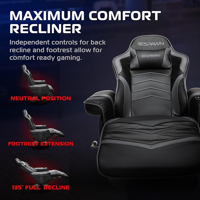 Respawn 900 Gaming Recliner Chair with Footrest, Cup Holder and Swivel | Ergonomic gaming recliner with footrest, cup holder, lumbar support, 135° recline & 360° swivel for console gaming