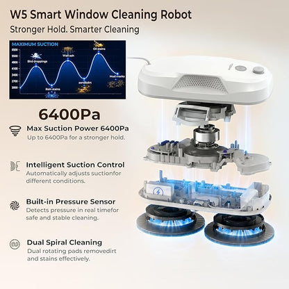Tosima W5 Window Cleaning Robot, 6400Pa Max Adaptive Suction, Auto-Spray Smart Window Cleaner with Triple Safety System, Intelligent Navigation, Remote Control, for All Smooth Surfaces, White