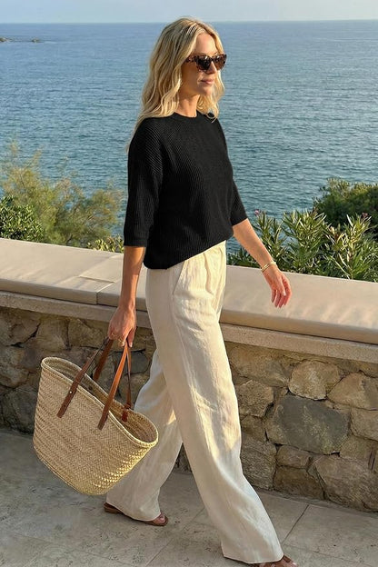 Arach&Cloz Womens Summer 100% Cotton Oversized Crochet Tops 3/4 Length Sleeve Sweater Hollow Out Casual Blouses 2026