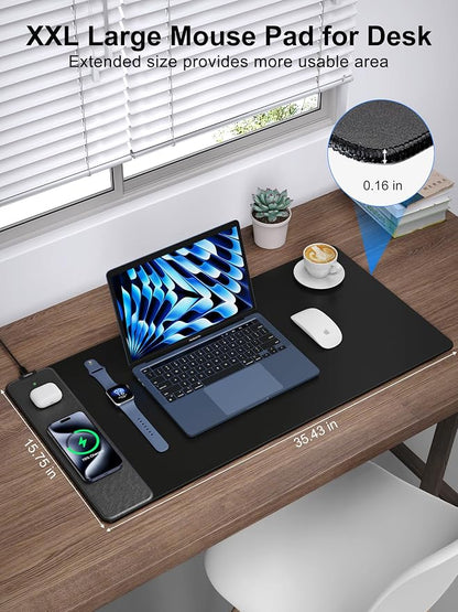 TopMade Mouse Pad with 15W Fast Wireless Charging, 35.43"x15.75" XXXL Large Gaming Waterproof Desk Pad with Ultra-Smooth Surface, Non-Slip Base, Classic Black Computer Desk Mat for MacBook, PC, Laptop