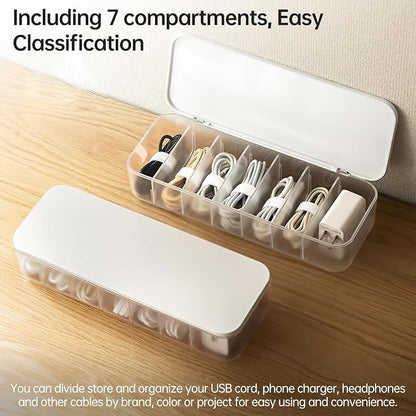 PAVSTINE Cable Organizer Storage Box with 7 Wire Ties,Desktop Cable Management Box with Lid,Power Cord Organizer with 7 Compartments for Office,Home,Desk Accessories Storage Stationery Supplies White