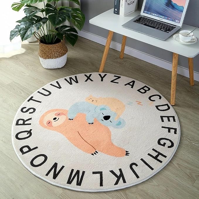 ABC Round Rug for Kids Warm and Soft Alphabet Nursery Animal Area Rugs Fun Rugs for Play Rooms Non-Slip Mats Crawling Mats Decorative Rugs for Bedrooms Living Rooms (Sloth, 31in)