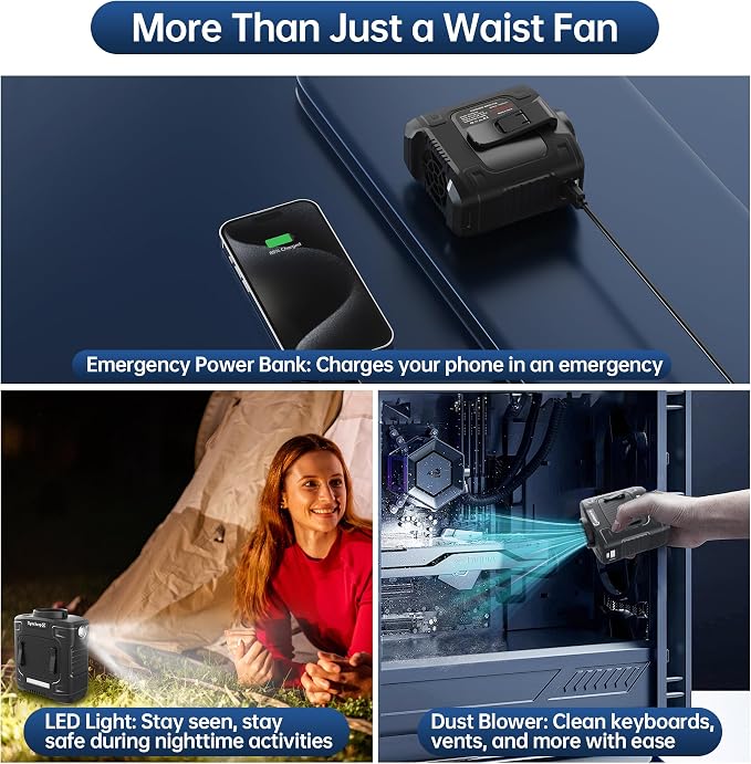 Waist Fan, Dual Motor Belt Fan, 12000mAh Rechargeable Cooler, 75ft/s Turbo Airflow, 17000RPM 5-Speed, Up to 24H Runtime, LED SOS & Red-Blue Warning Light for Jobsite, Farm, Delivery