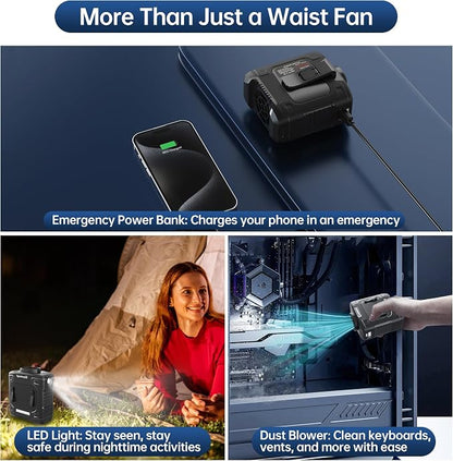 Waist Fan, Dual Motor Belt Fan, 12000mAh Rechargeable Cooler, 75ft/s Turbo Airflow, 17000RPM 5-Speed, Up to 24H Runtime, LED SOS & Red-Blue Warning Light for Jobsite, Farm, Delivery