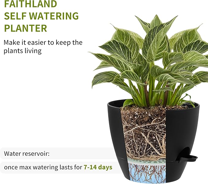 FaithLand 3-Pack Planter Pots, 10 9 8 Inch Self Watering Flower Pots for Indoor Outdoor Garden Plants, Black