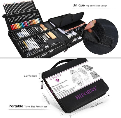 HIFORNY 126 PCS Drawing Kit Sketching Pencil Set,Sketch Pencils Art Supplies with 3-Color Sketchbook,Graphite,Charcoal,Blending Tools,Drawing Pencils for Adults Artists in Zipper Case