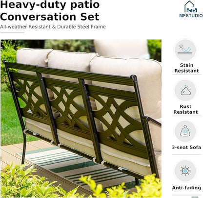 MFSTUDIO 7 Seats Large Metal Patio Conversation Sets, 5 Pieces Outdoor Furniture Sofa with 2 Swivel Chairs, 1 Sofa(3-seat), 1 Loveseat and Table for Outside Balcony Backyard Poolside