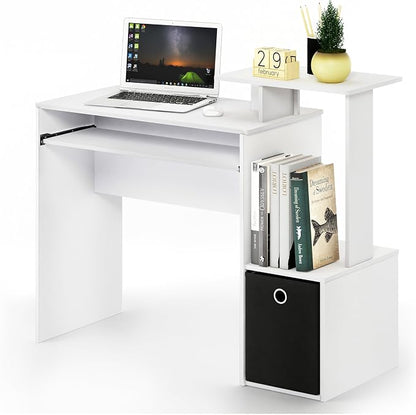 Furinno ECON Desk, 40" Wide Gaming Desk with Keyboard Tray, Computer Desk, Office Desk with Side Shelves and Storage Bin for Home Office, Plain White