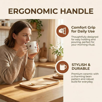 Stackable Coffee Mug Sets of 4 with Rack Tea Cup Set with Spoon 11oz for Coffee, Tea, Cocoa, Cappuccino, Hot Chocolate Ceramic Espresso Cups with Coffee Cup Holder, theme of Trendy