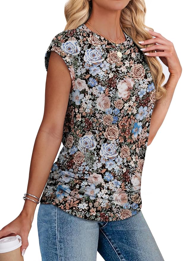 Sampeel Womens Summer Tops Trendy 2026 Ruched Cap Short Sleeve Tshirts Shirts Crew Neck T Shirts Fashion