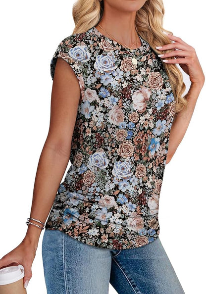 Sampeel Womens Summer Tops Trendy 2026 Ruched Cap Short Sleeve Tshirts Shirts Crew Neck T Shirts Fashion
