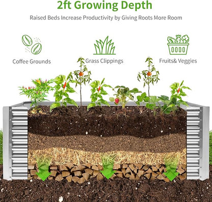 Land Guard 6×3×2 ft Galvanized Metal Raised Garden Bed, 2FT Deep Root Elevated Planter Box Steel Large Vegetable Flower Bed Kit（Silver）