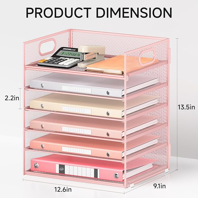 6 Tray Paper Organizer Letter Tray with Handle - Mesh Desk File Organizer, Paper Sorter Organizer for Office, Home or School File Folder Holder - Pink