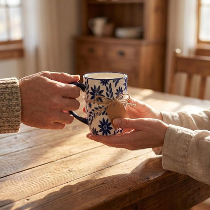 glowworm Coffee Mugs, 16 Ounce Ceramic Coffee Cups Set of 4, Blue & White | Large Latte Cups with Handle for Tea, Mocha, Milk, Perfect for Family Kitchen & Holiday Gifts, Dishwasher & Microwave Safe