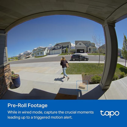 Tapo 2K+ Wired or Battery Powered Smart Video Doorbell with Chime - 180° Field of View, Person/Vehicle/Package Detection, Ring Call, 2-Way Audio, Subscription-Free Local Storage or Optional Cloud,D225