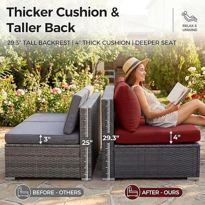 NICESOUL 9 Piece Plus Size Outdoor Patio Conversation Set with Firepit Natural Gas/Propane, 29.3'' High Back Modular Sectional Sofa Sets, Heavy Duty Backyard Furniture, 2 Color Cushion Red & Grey
